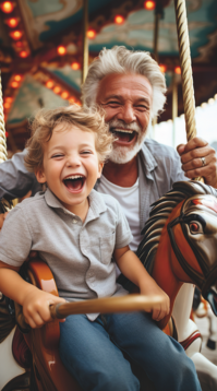 Grand-père et petit-enfant riant ensemble sur un manège, illustrant la joie des moments partagés malgré la perte auditive.