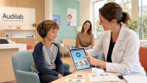 Audioprothésiste Audilab réalisant un bilan auditif pédiatrique pour enfant