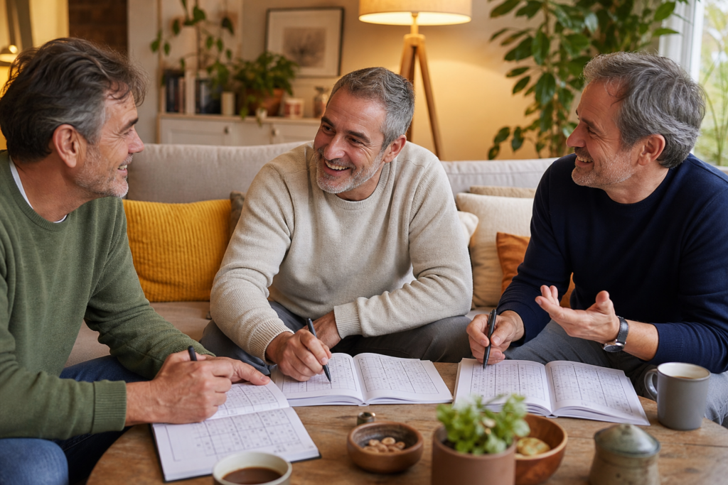 trois hommes jouant au sudoku